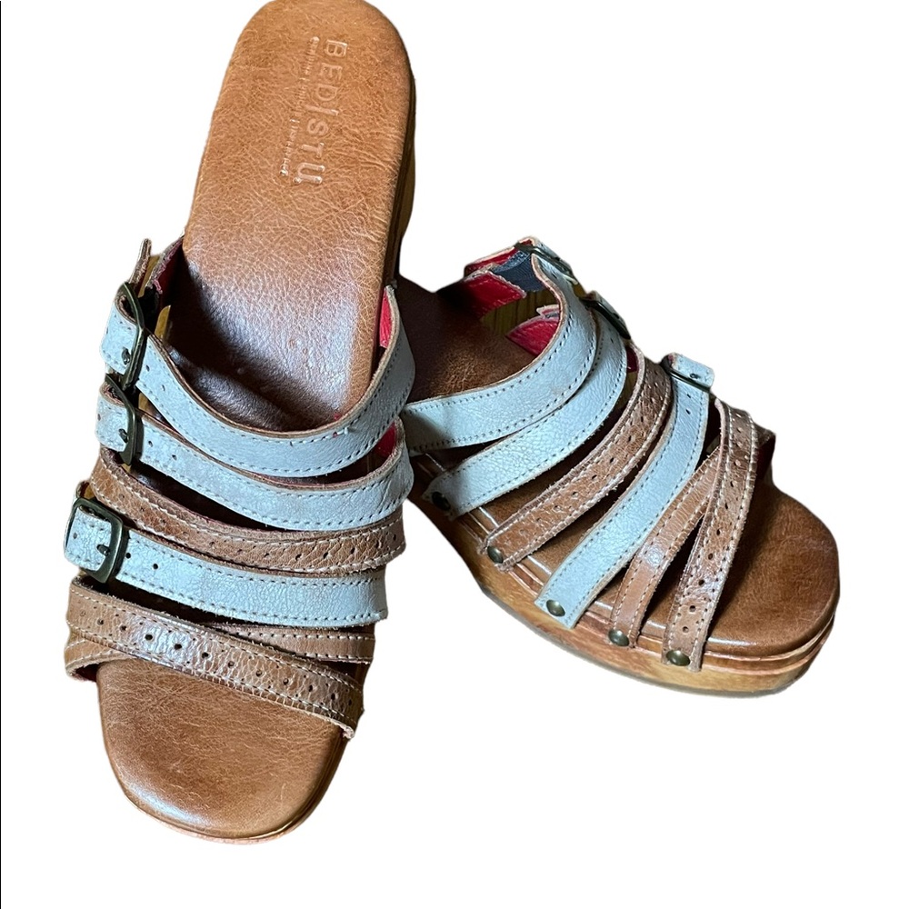 Bed Stu Brown and Light Tan and Cream colored Leather Strappy clog/sandals